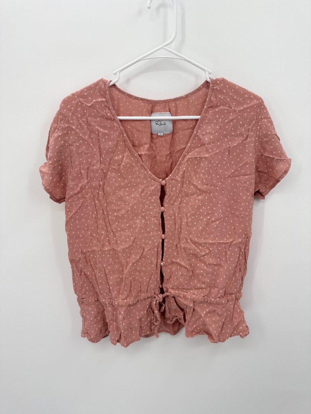 Rails Bretton Rosewood Mimi Hearts Peplum Blouse Size Large Pink Gauze Button Up